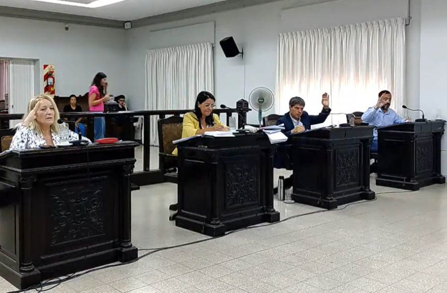 Votación de la nueva tasa: Galleano, Bonvín y Puig levantan la mano aprobando el aumento automático. También lo hizo el presidente Cammisi.