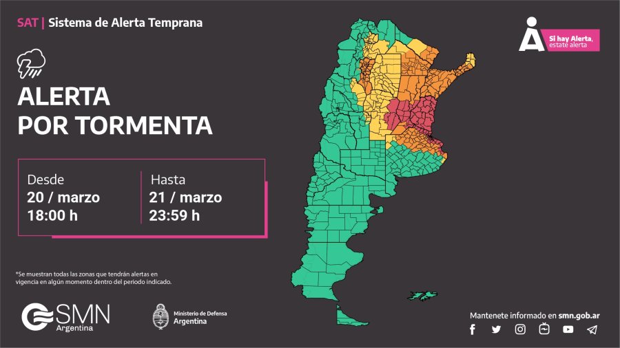 A las 18 del miércoles el SMN colocó alerta roja para Las Colonias por tormentas fuertes. Desde la mañana la advertencia era color naranja.