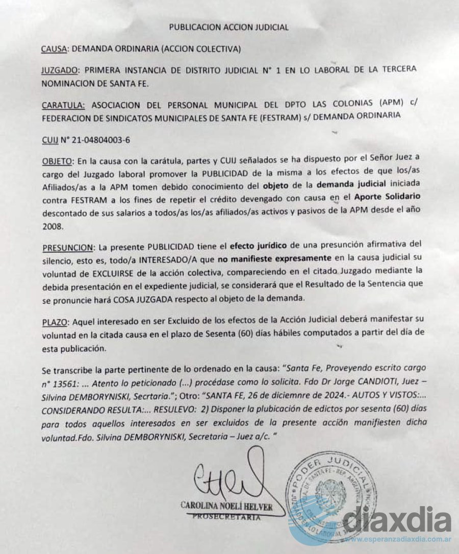 El edicto judicial para informar a los afiliados que pueden estar en el reclamo colectivo