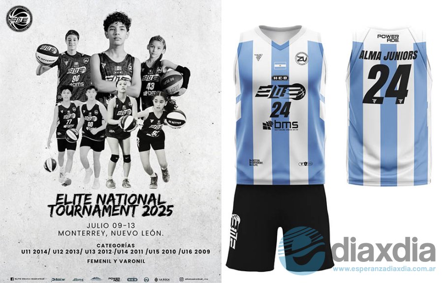 Afiche del torneo internacional y la indumentaria de Alma con los colores de Argentina - Prensa Alma / Fotomontaje edxd